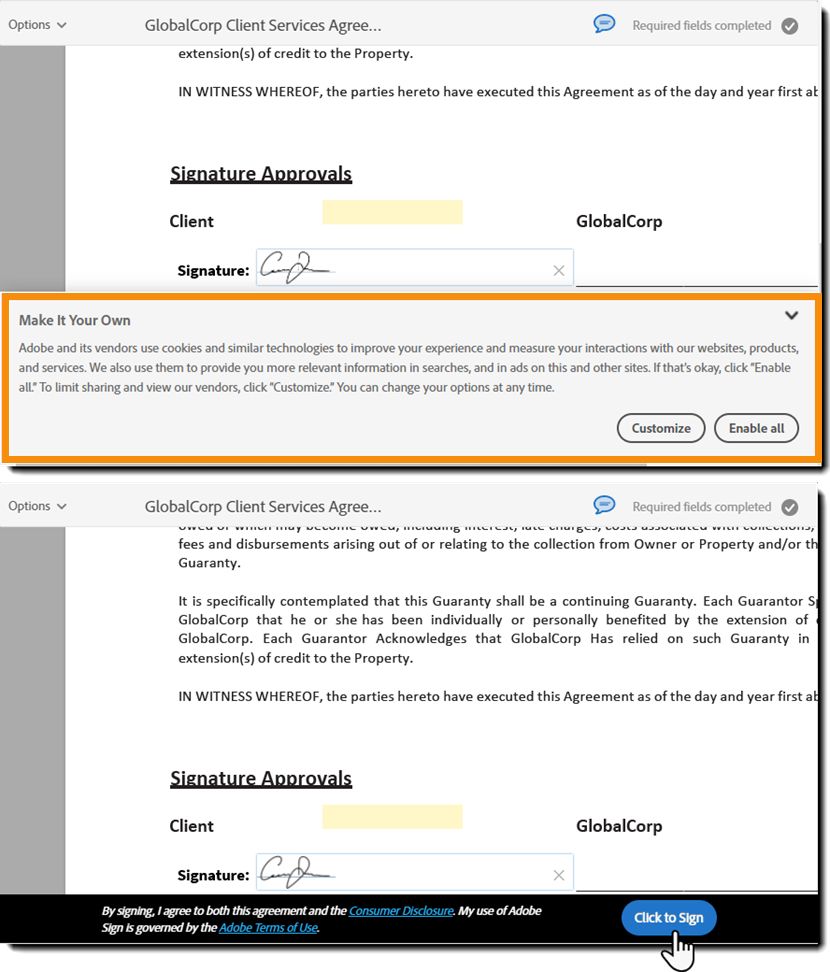 Acceptation des cookies bloquant le bouton Cliquer pour signer