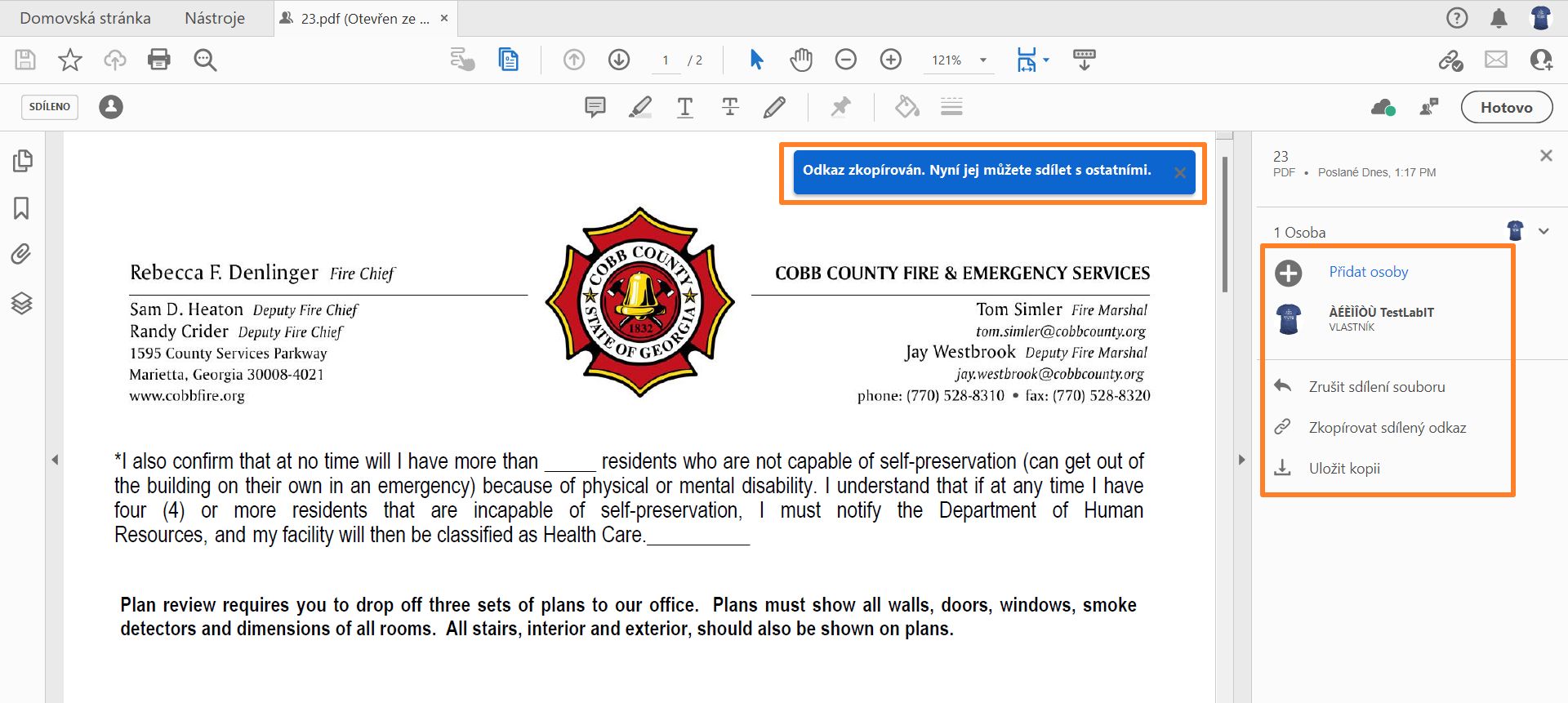 Sdílet vytvořený odkaz s ostatními příjemci