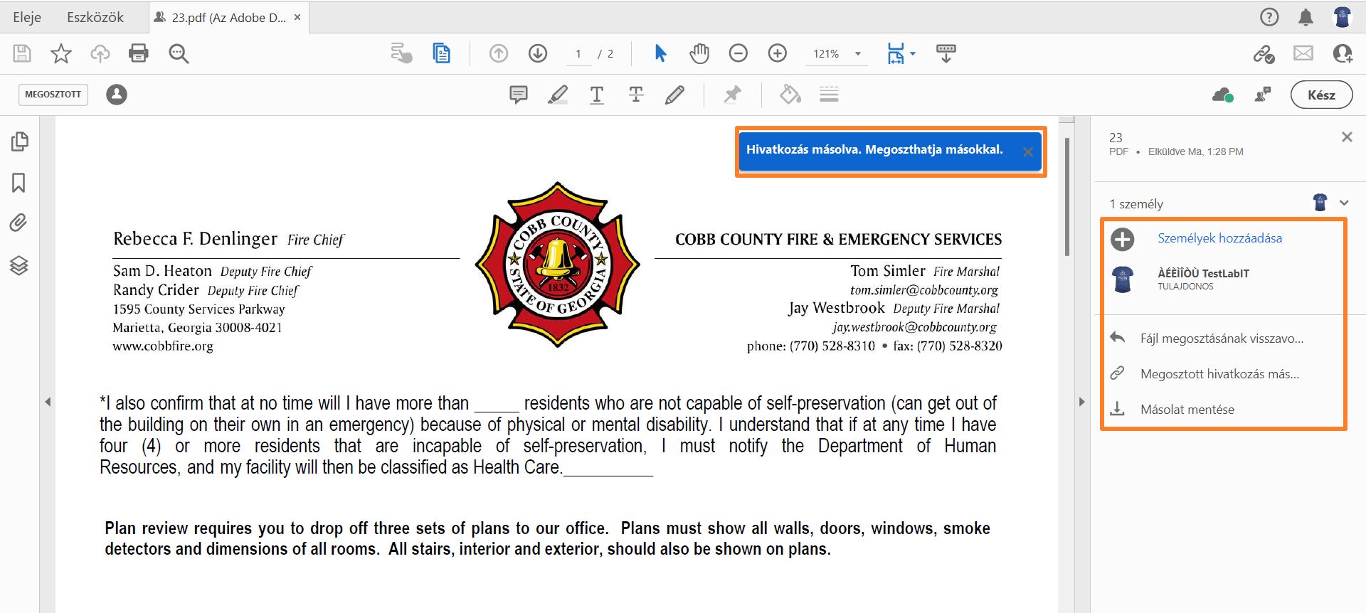A létrehozott hivatkozás megosztása más címzettekkel
