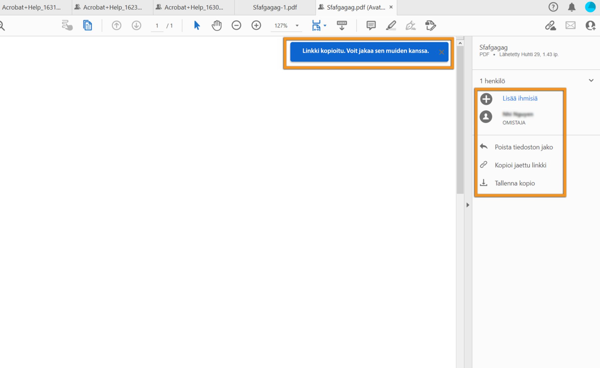 Jaa luotu linkki muiden vastaanottajien kanssa