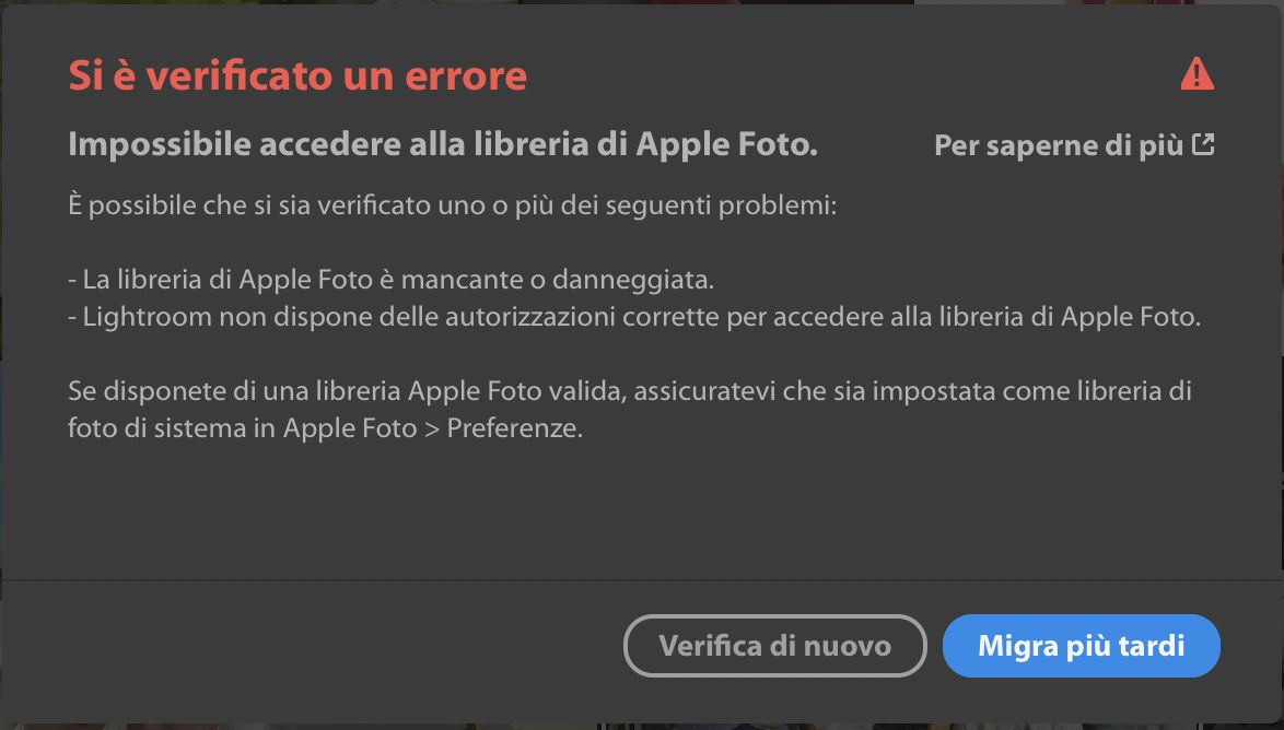 Errore: Impossibile accedere alla libreria di Apple Foto