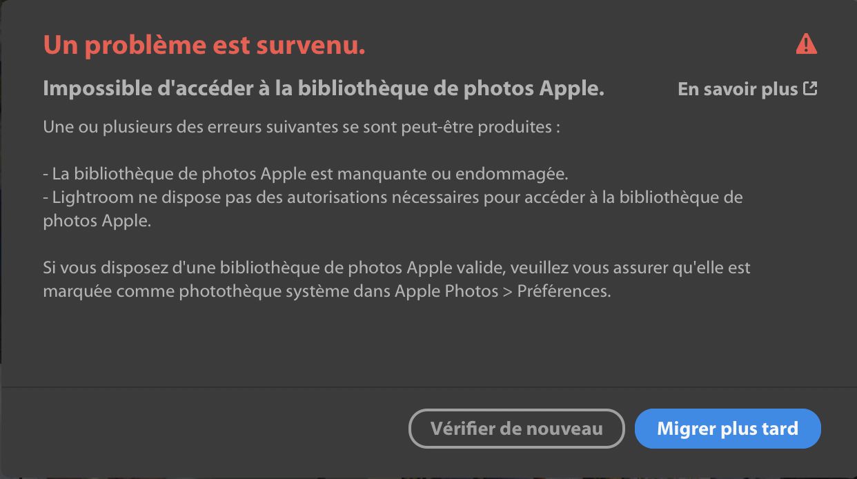 Erreur : impossible d’accéder à la bibliothèque Apple Photos