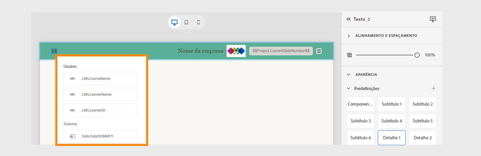 Adicionar um Título de curso usando variáveis no cabeçalho