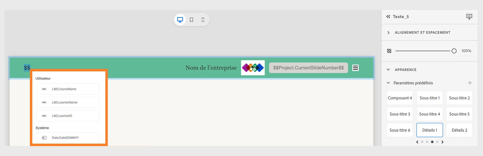 Ajout d’un titre de cours à l’aide de variables dans l’en-tête