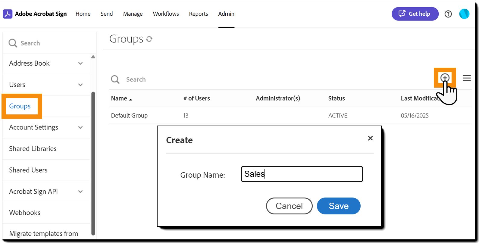 O submenu Grupos na lista do menu de administração.