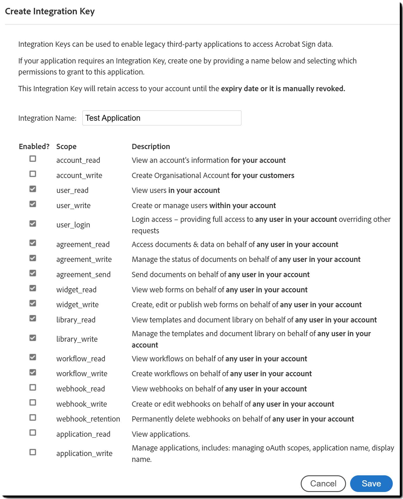 Create Integration Key-dialogboks med omfangsalternativer