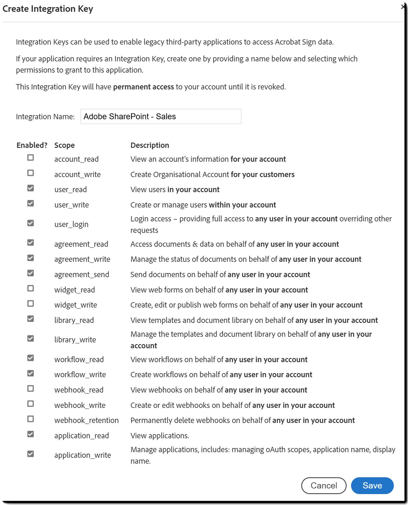 A interface “Criar chave de integração” com vários escopos selecionados.
