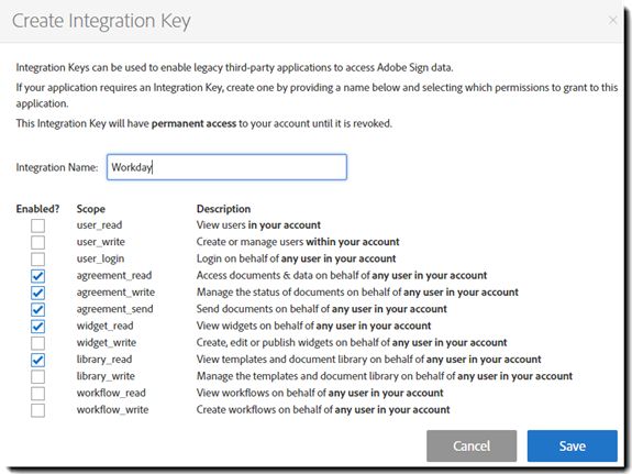 Panel de creación de la clave de integración