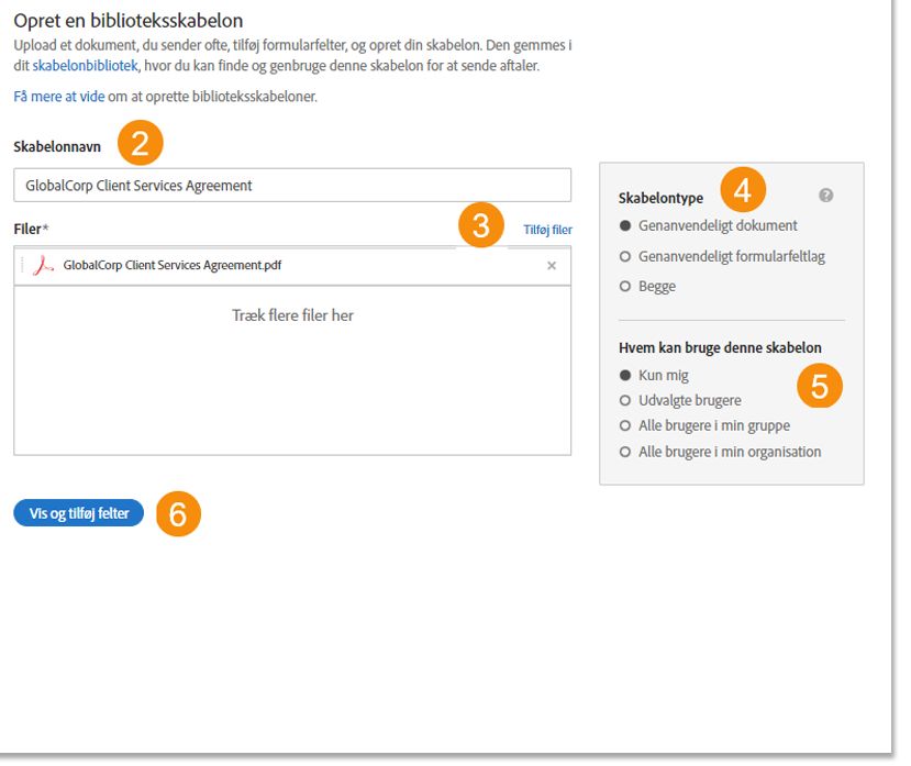 Siden &quot;Opret en biblioteksskabelon&quot; viser de udvidede skabelonegenskaber.