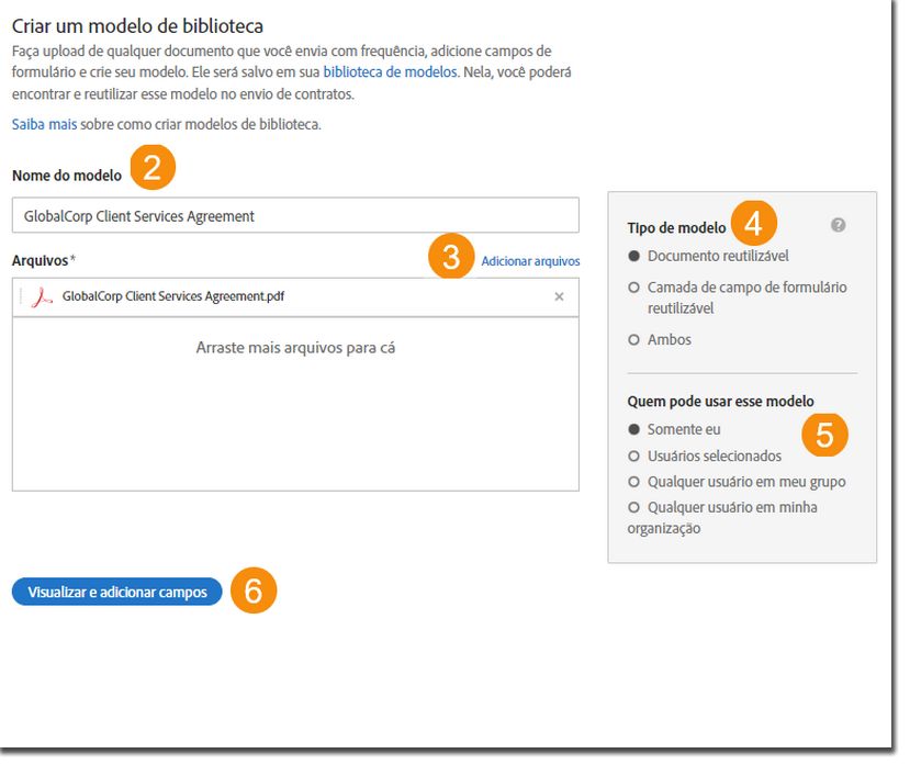 A página “Criar um modelo de biblioteca”, mostrando as “Propriedades do modelo” expandidas.