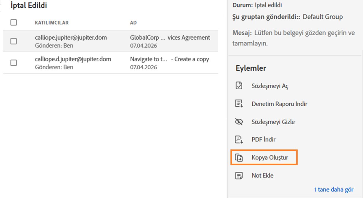 Yönet sayfasındaki Sözleşmeyi Kopyala eylemi 