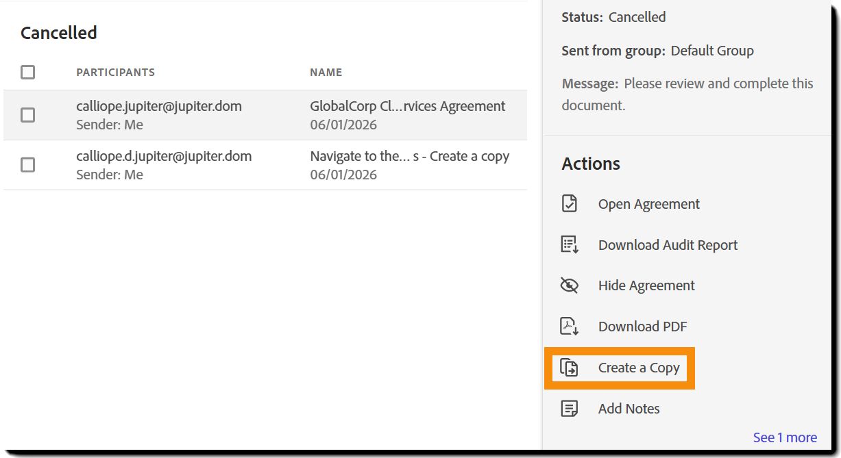 Действие «Копировать соглашение» на странице «Управление». 