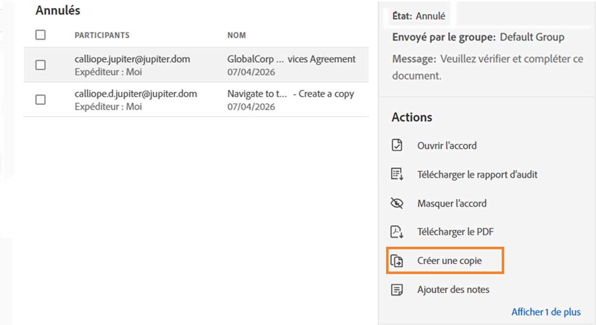 Action Créer une copie de l’accord sur la page Gérer 