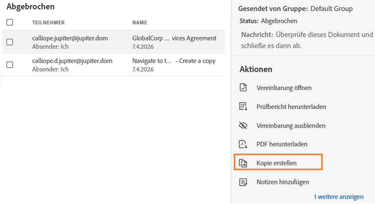 Vereinbarung kopieren-Aktion auf der Seite Verwalten 