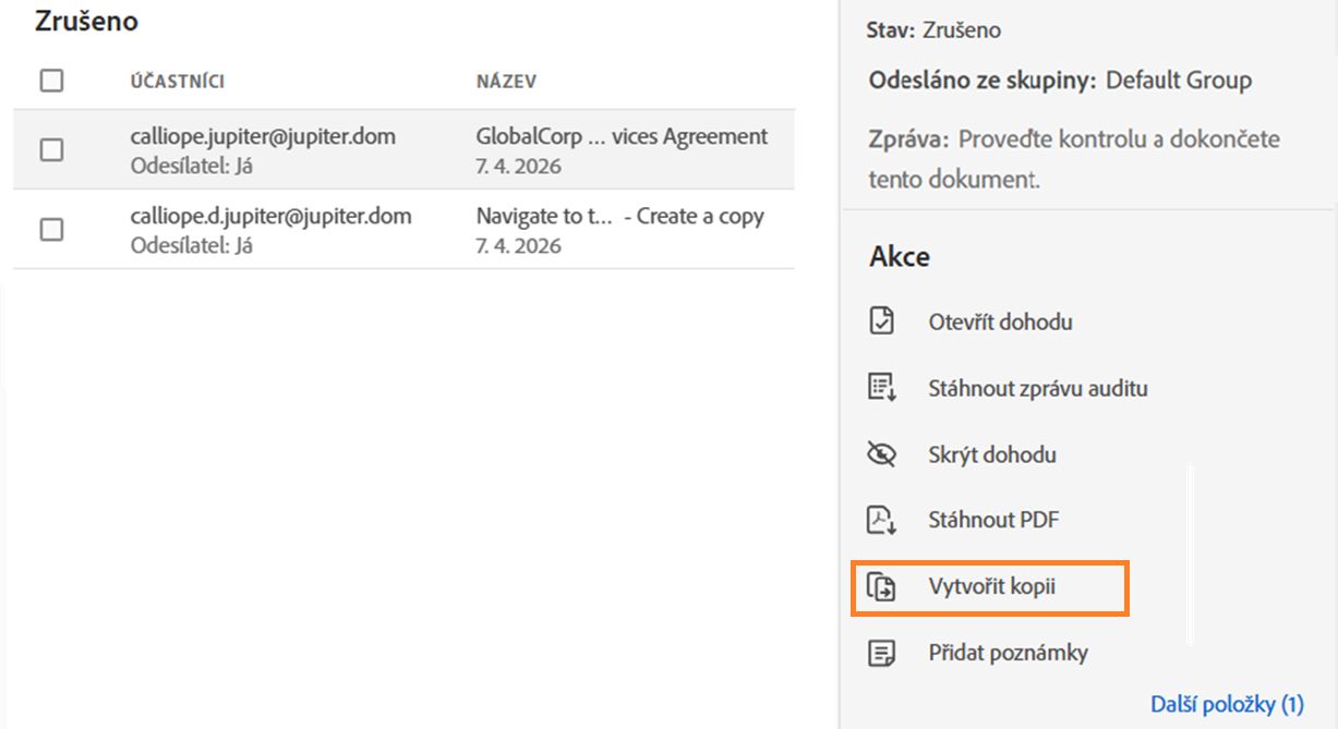 Akce Kopírovat dohodu na stránce Spravovat 