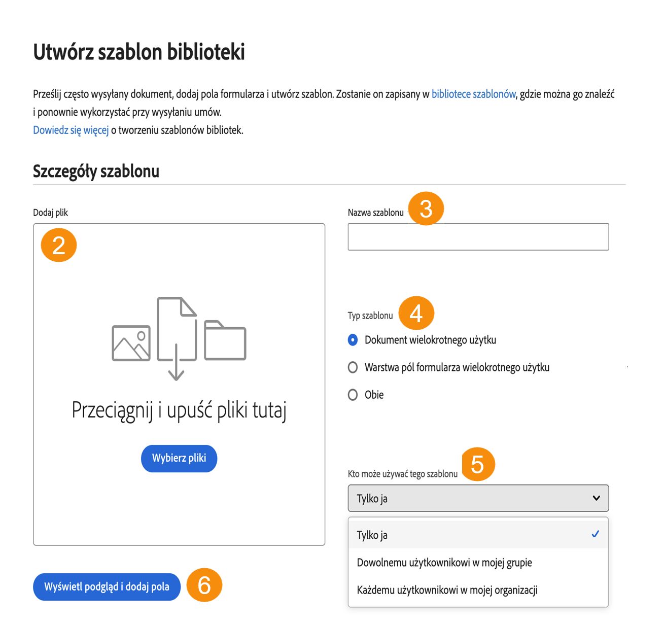 Strona „Utwórz szablon biblioteki” pokazująca rozszerzone właściwości szablonu.