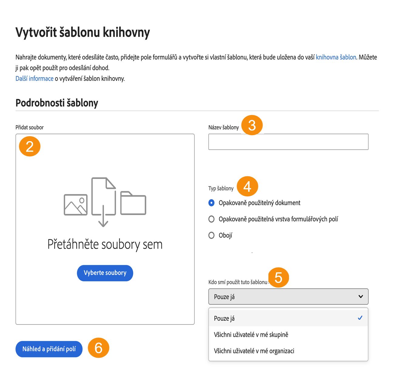 Stránka „Vytvoření šablony knihovny“ zobrazující rozšířené vlastnosti šablony.