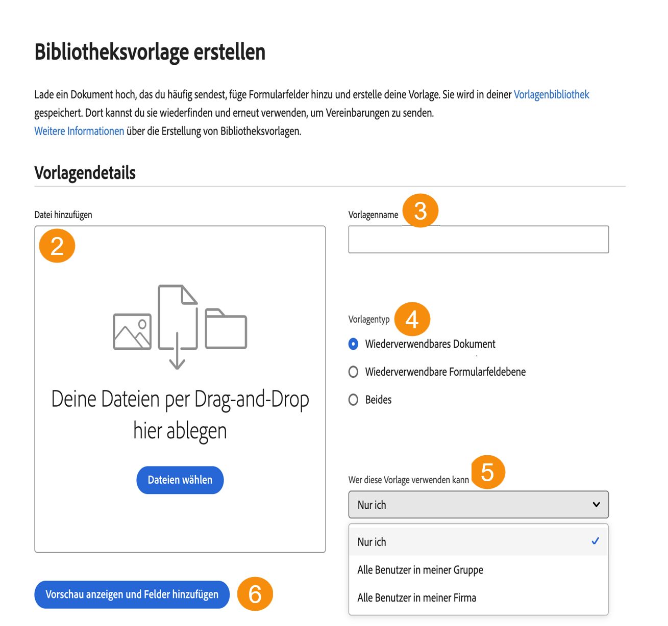 Die Seite „Erstellen einer Bibliotheksvorlage“ mit den erweiterten Vorlageneigenschaften.