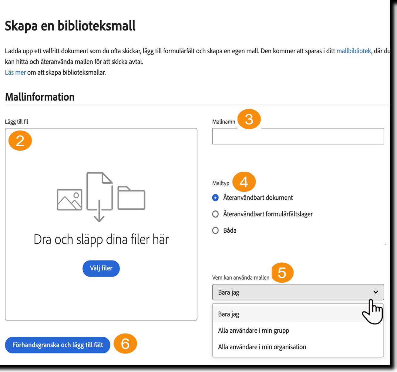På sidan ”Skapa en biblioteksmall” visas de utökade mallegenskaperna.