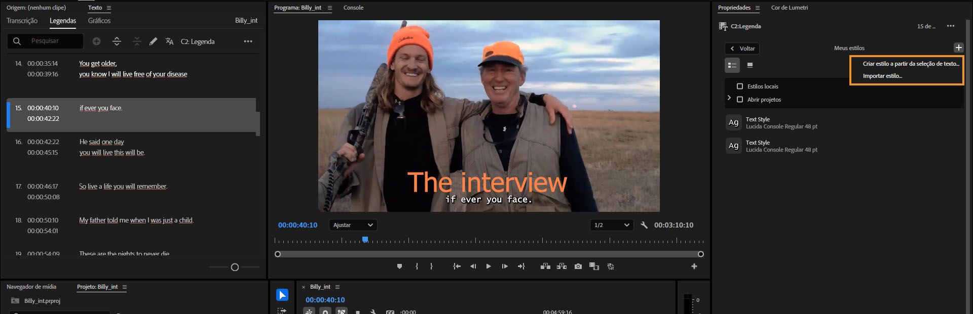 A interface mostra a opção “Criar estilo a partir da seleção de texto” realçada no painel Gráficos essenciais.