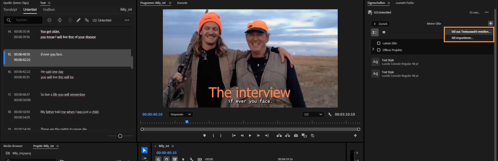 Die Benutzeroberfläche zeigt die im Bedienfeld „Essential Graphics“ hervorgehobene Option „Stil aus Textauswahl erstellen“.