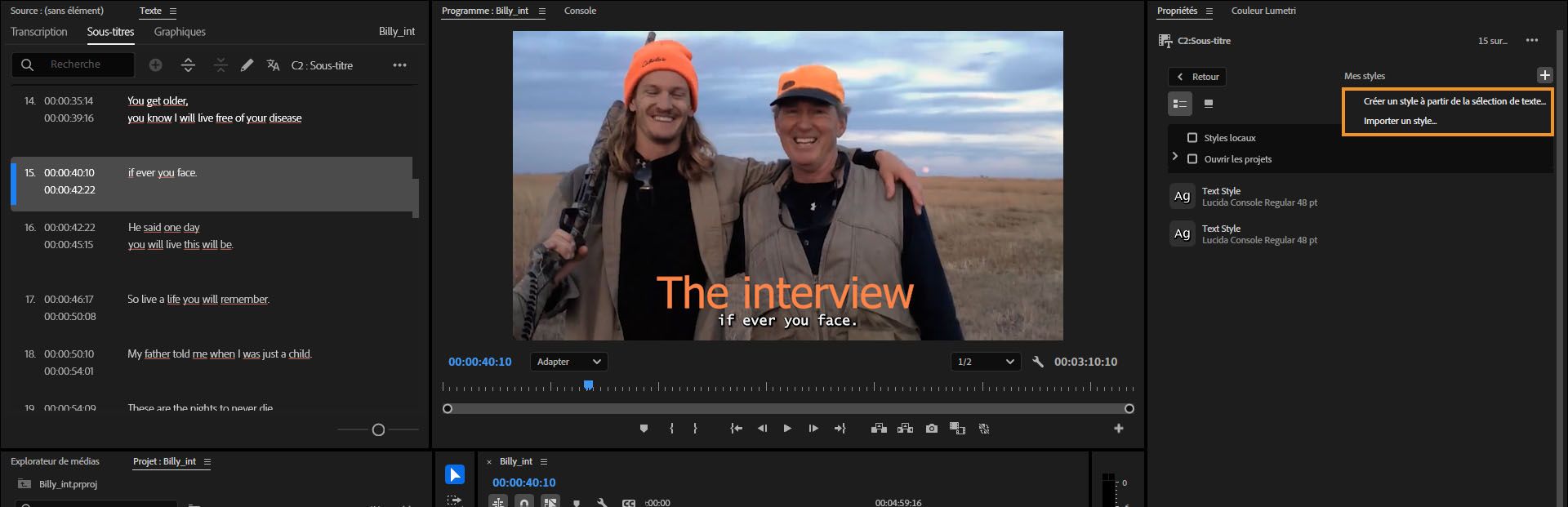 L’interface utilisateur affiche l’option « Créer un style à partir de la sélection de texte » en surbrillance dans le panneau Objets graphiques essentiels.