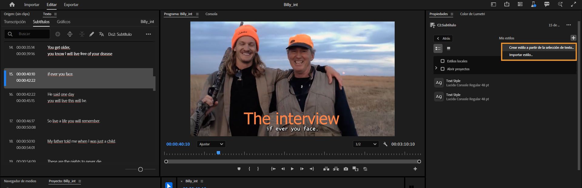 La interfaz de usuario muestra &quot;Crear estilo a partir de la selección de texto&quot; resaltado en el panel de gráficos esenciales.