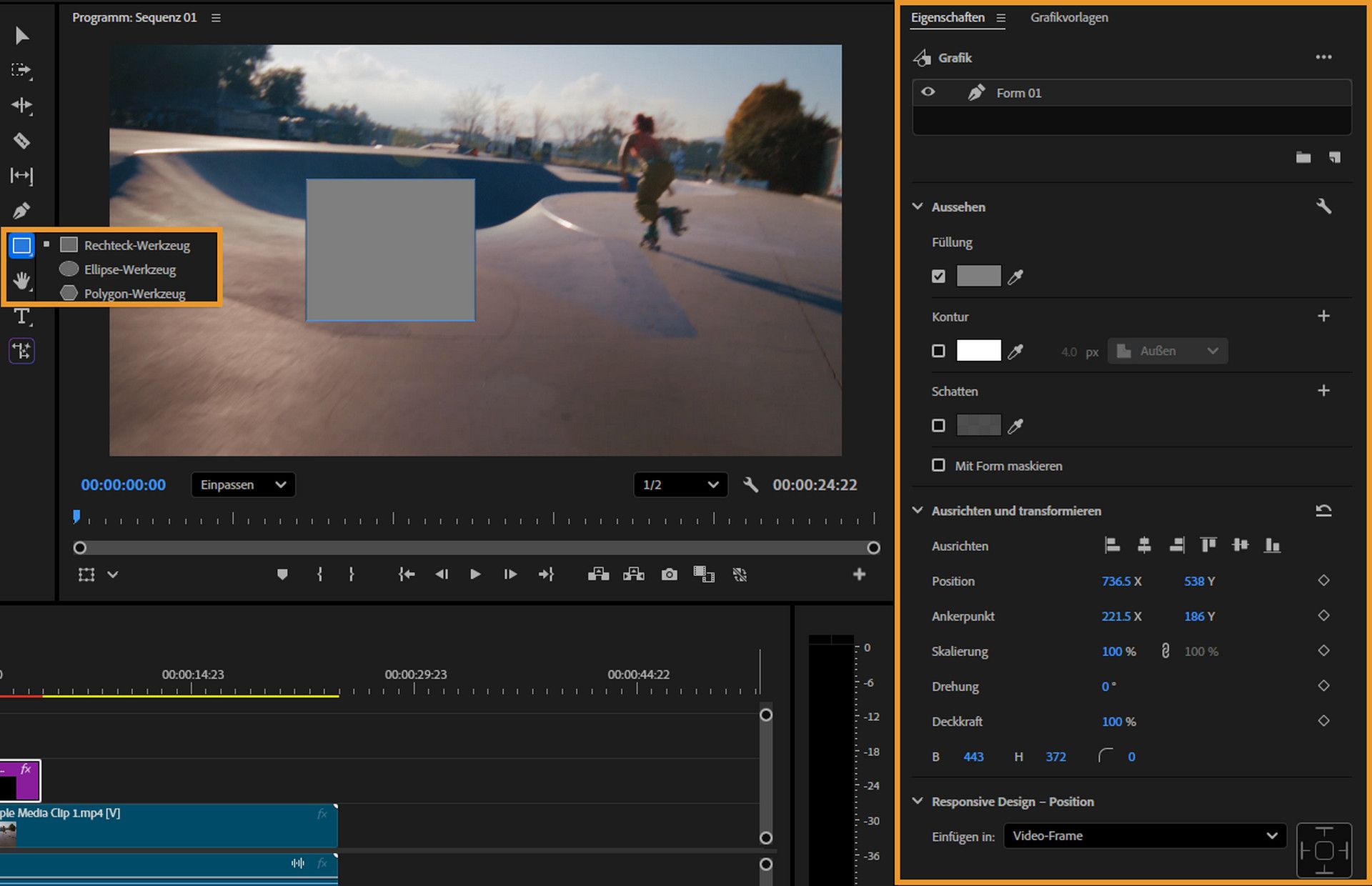 Mit dem Werkzeug „Rechteck“ gezeichnetes Rechteck im Programmonitor.