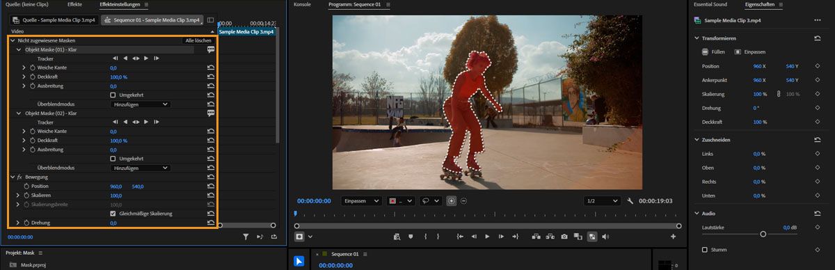 Das Bedienfeld „Effekteinstellungen“ ist geöffnet, ein Effekt ist ausgewählt und das Dropdown-Menü ist geöffnet, um seine Steuerelemente anzuzeigen.