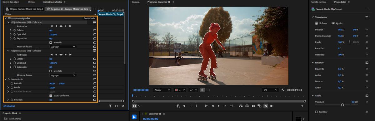 El panel Controles de efectos está abierto, se ha seleccionado un efecto y el menú desplegable está abierto para revelar sus controles.