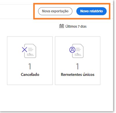 Botões para criar novos relatórios ou exportações de dados