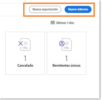 Botones para crear nuevos informes o exportaciones de datos