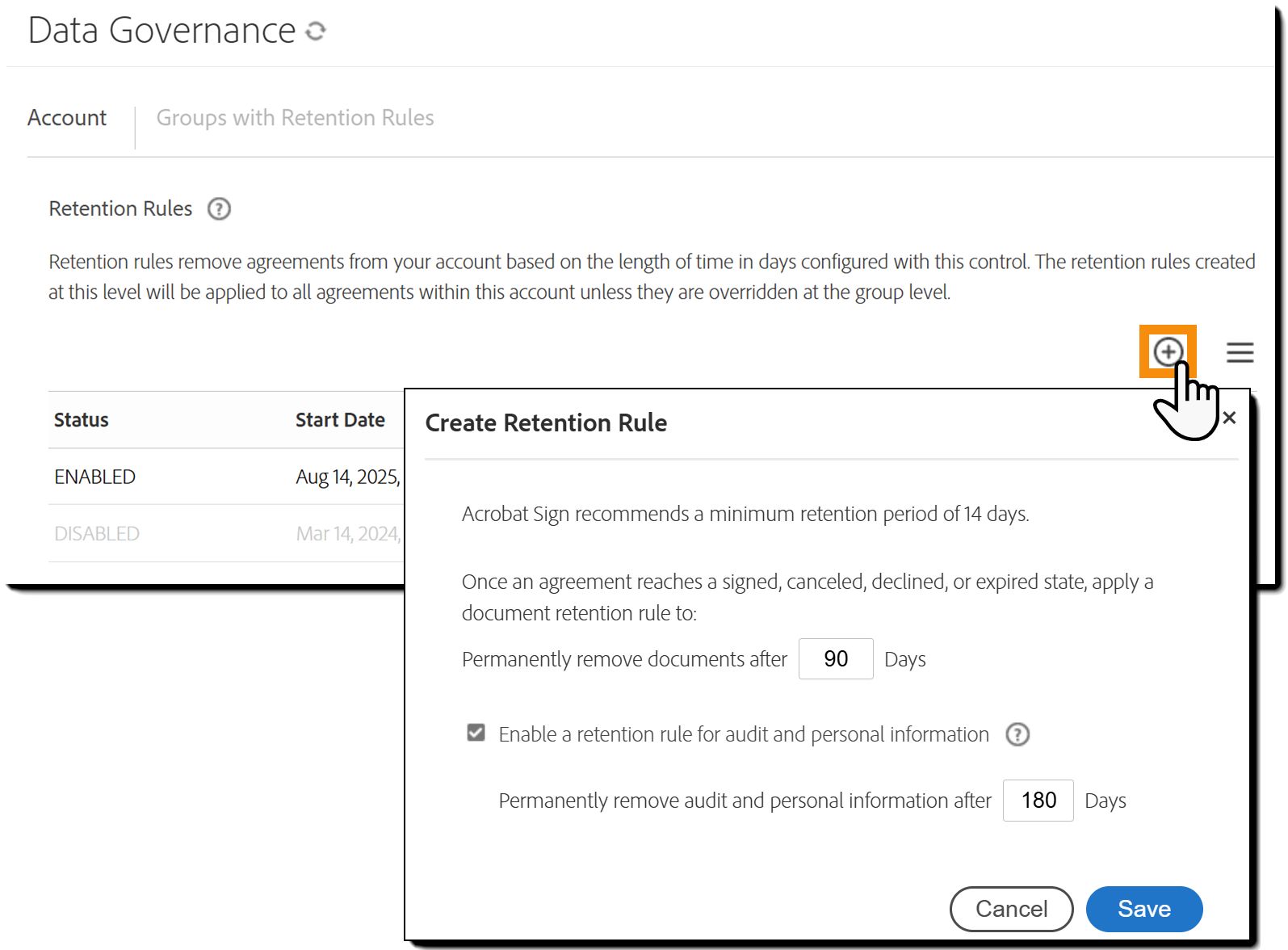 Il menu Amministratore che mostra la scheda Governance dei dati con il pannello di configurazione aperto