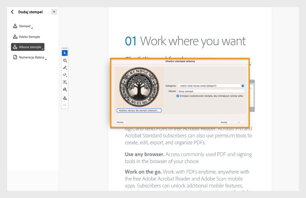 Otwarte okno dialogowe Utwórz stempel niestandardowy w programie Adobe Acrobat przedstawiające wybór obrazu, nazwę stempla i pola kategorii do dodawania niestandardowego stempla.