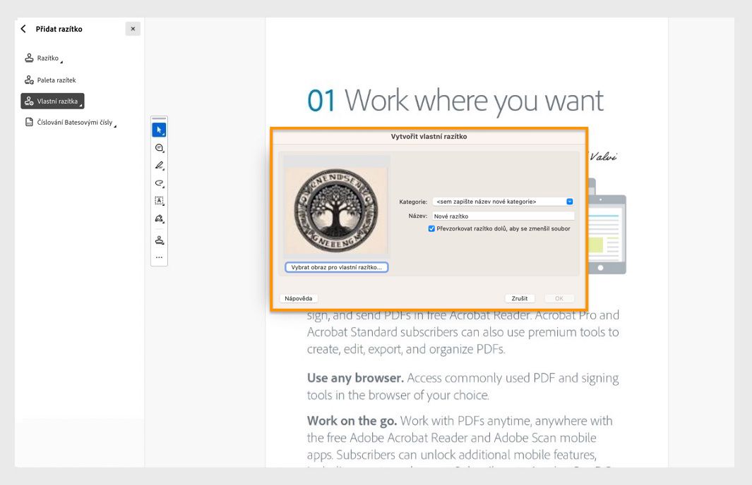 Dialogové okno Vytvořit vlastní razítko otevřené v aplikaci Adobe Acrobat zobrazující výběr obrázku, název razítka a pole kategorie pro přidání vlastního razítka.