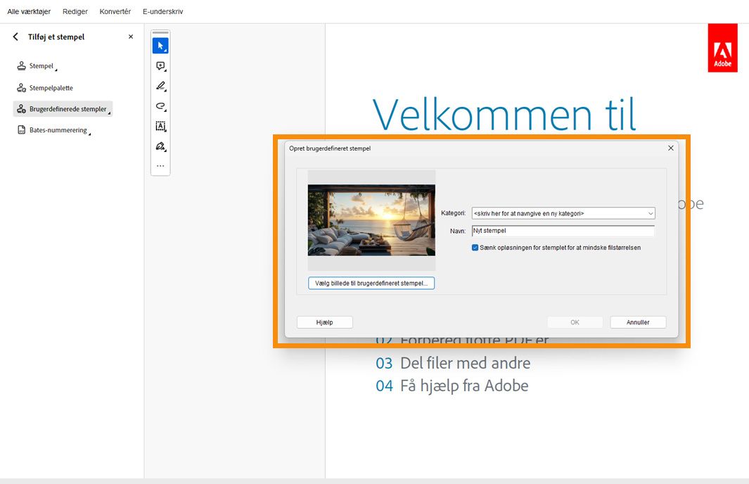 Dialogboksen Opret brugerdefineret stempel åben i Adobe Acrobat, der viser billedvalg, stempelnavn og kategorifelter til tilføjelse af et brugerdefineret stempel.