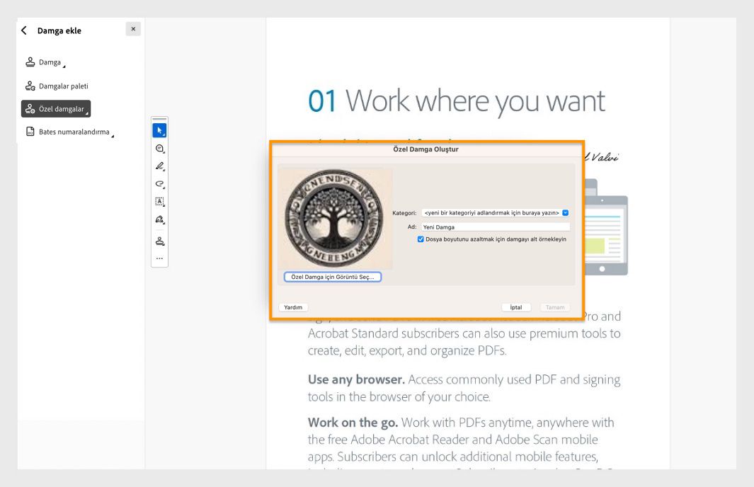 Adobe Acrobat'ta özel damga eklemek için görüntü seçimi, damga adı ve kategori alanlarını gösteren Özel Damga Oluştur iletişim kutusu açık.