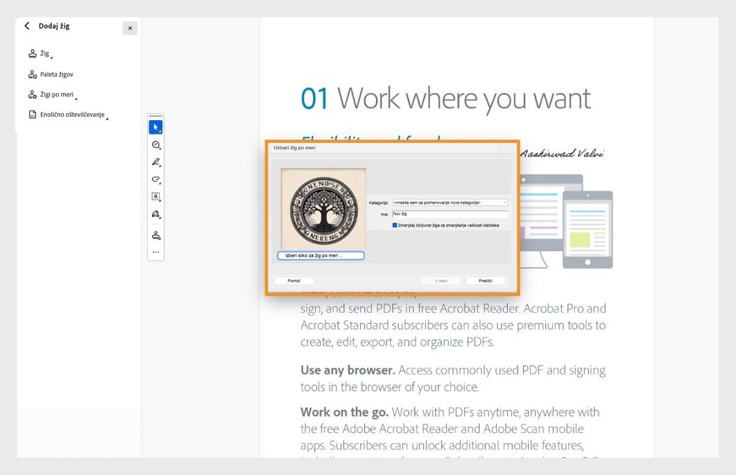 V programu Adobe Acrobat je odprto pogovorno okno Ustvari žig po meri, ki prikazuje izbiro slike, ime žiga in polja kategorij za dodajanje žiga po meri.