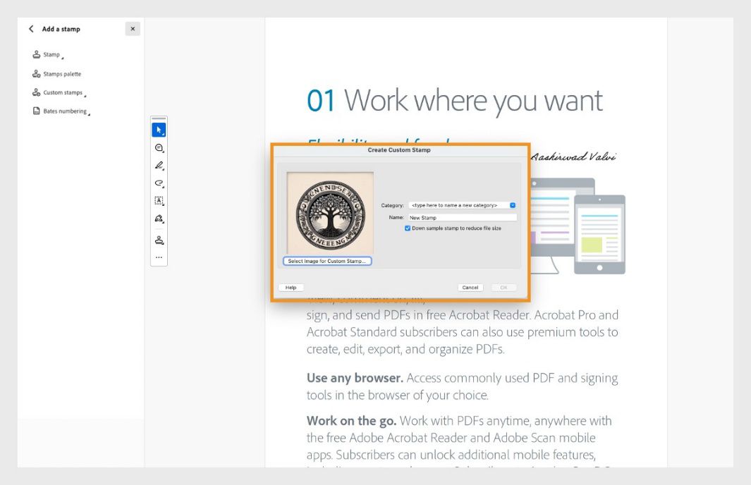 תיבת הדו-שיח Create Custom Stamp פתוחה ב-Adobe Acrobat ומציגה את אפשרות הבחירה בתמונות, שם החותמת ואת שדות הקטגוריה להוספה של חותמת מותאמת אישית.