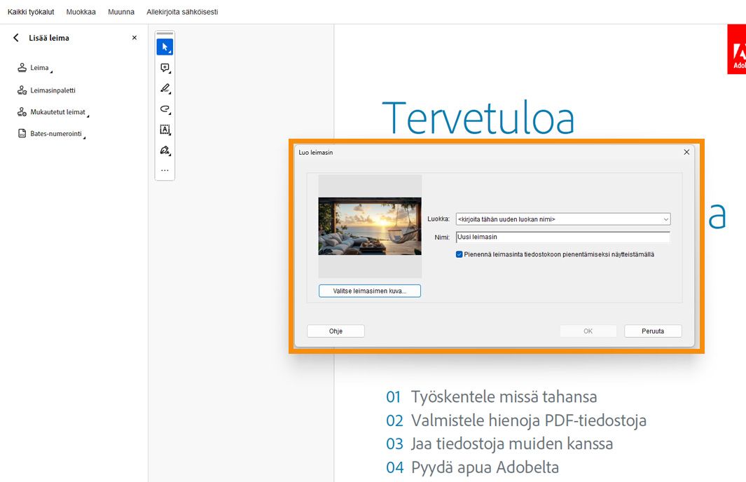 Luo mukautettu leima -valintaikkuna on avoin Adobe Acrobatissa, ja siinä näkyvät kuvan valinta, leiman nimi ja luokkakentät mukautetun leiman lisäämistä varten.