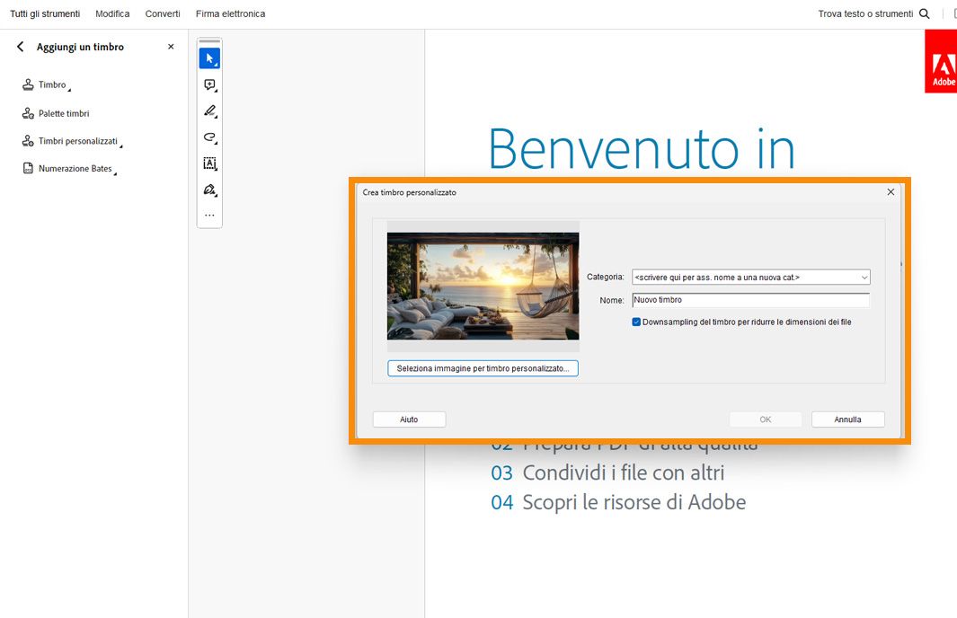 Finestra di dialogo Crea timbro personalizzato aperta in Adobe Acrobat che mostra la selezione dell'immagine, il nome del timbro e i campi della categoria per aggiungere un timbro personalizzato.