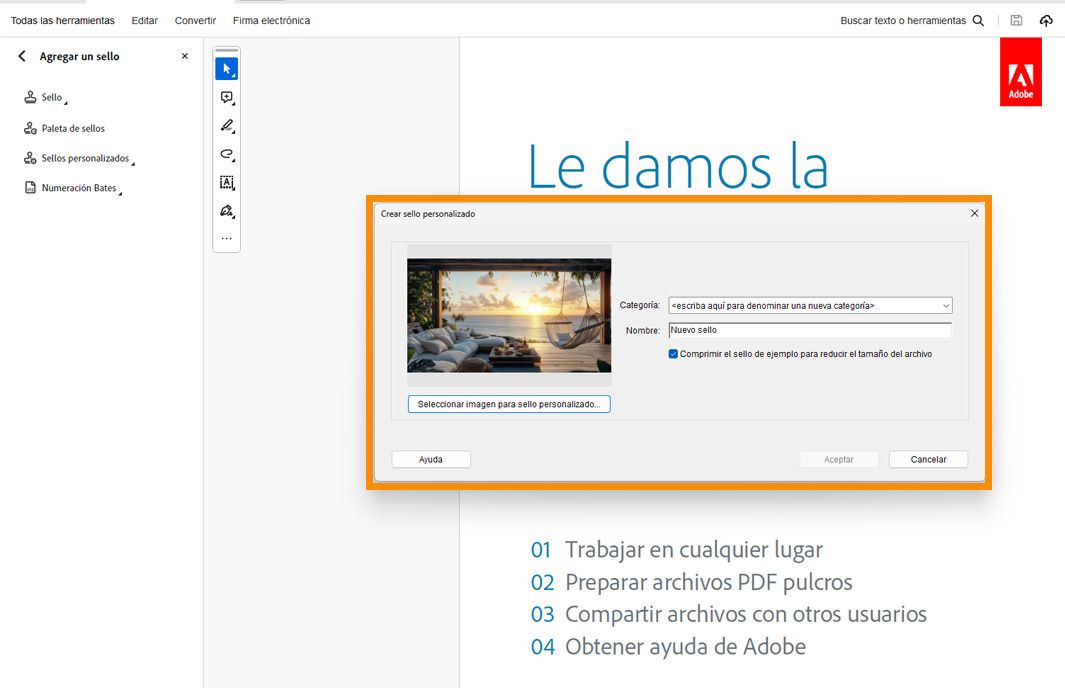 Cuadro de diálogo Crear sello personalizado abierto en Adobe Acrobat que muestra la selección de imagen, el nombre del sello y los campos de categoría para añadir un sello personalizado.