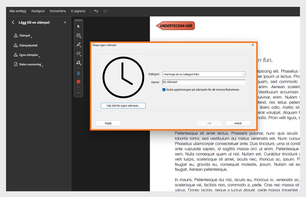 Dialogrutan Skapa anpassad stämpel öppen i Adobe Acrobat som visar bildval, stämpelnamn och kategorifält för att lägga till en anpassad stämpel.