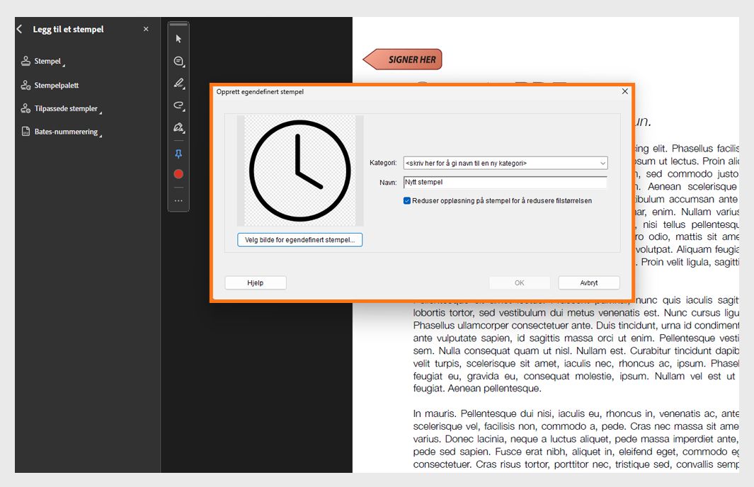 Dialogboksen Opprett egendefinert stempel åpen i Adobe Acrobat som viser bildevalg, stempelnavn og kategorifelt for å legge til et egendefinert stempel.