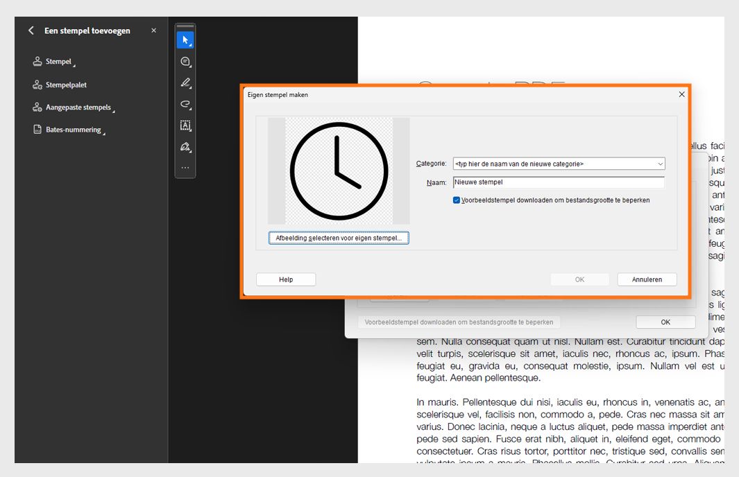 Dialoogvenster Aangepaste stempel maken geopend in Adobe Acrobat met afbeeldingsselectie, stempelnaam en categorievelden voor het toevoegen van een aangepaste stempel.