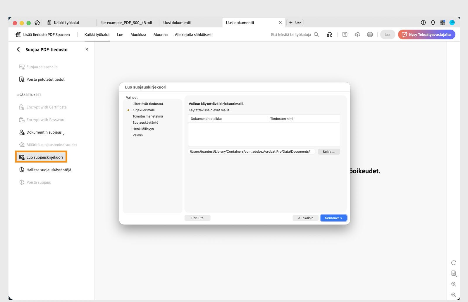 Luo suojauskirjekuori -valintaikkuna näyttää käytettävissä olevat kirjekuormallit ja navigointiohjaimet.