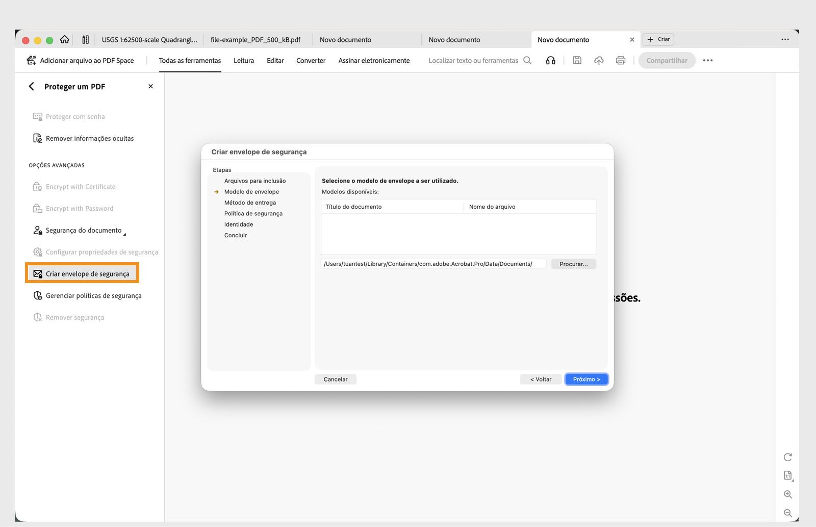 Caixa de diálogo Criar envelope de segurança mostrando modelos de envelope disponíveis e controles de navegação.