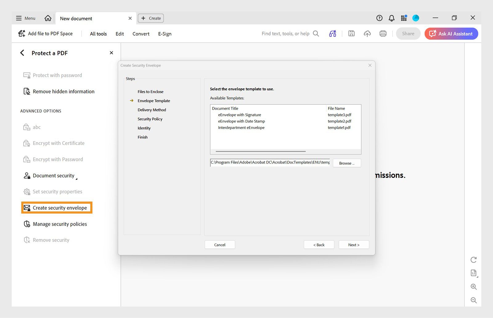 Create Security Envelope dialog box na nagpapakita ng mga available na envelope template at navigation control.