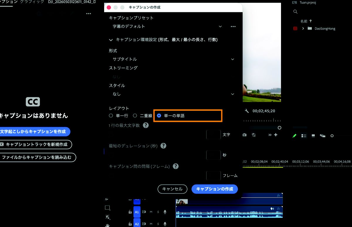 キャプション設定で単語レイアウトが選択された「キャプションを作成」ダイアログ。