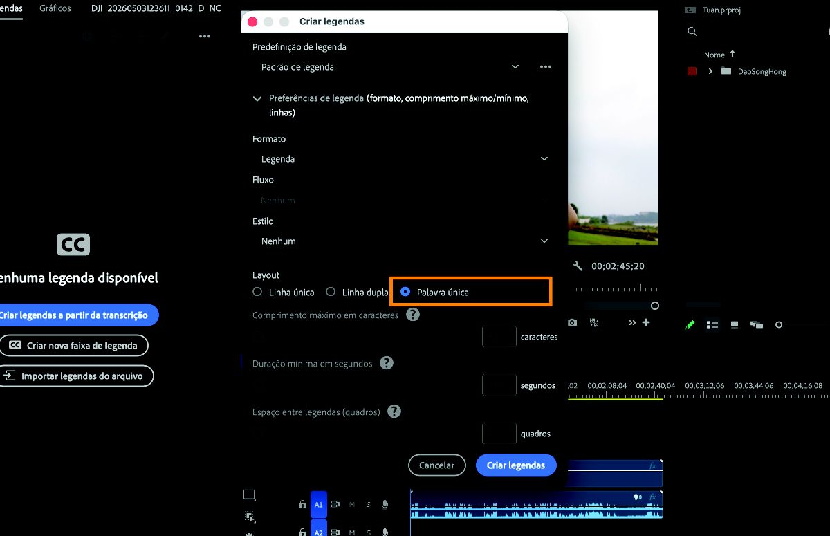 Caixa de diálogo Criar legendas com layout Palavra única selecionado nas configurações de legenda.